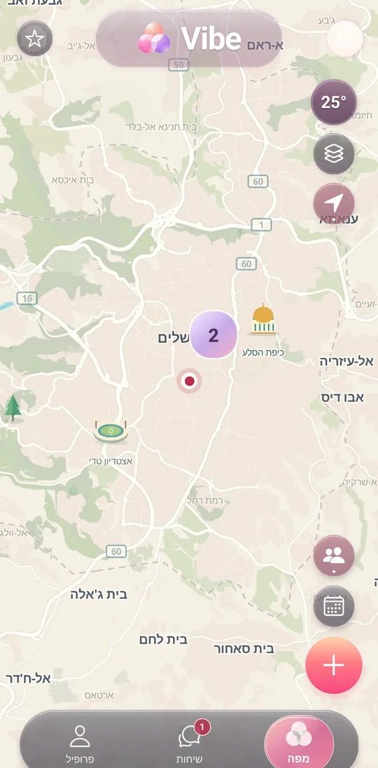 מפת Vibe בירושלים: מפגשים סביבך, בחירת סגנון מפה וקיצורי דרך לשיחות ולפרופיל.